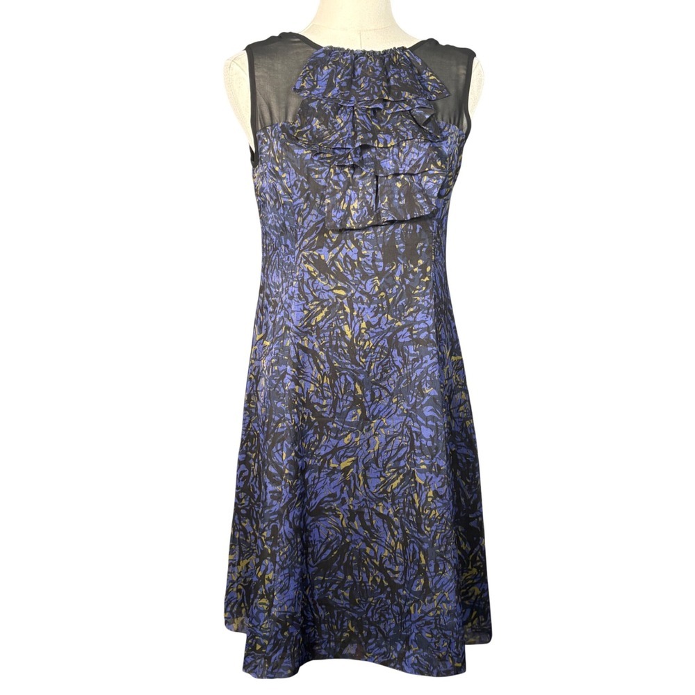 Kensie Womens Abstract Print Ruffle Mesh Sleeveless Dress Blue Black Small